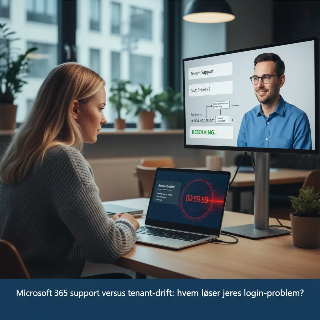 IT-administrator gennemgår Microsoft 365 support aftale og tenant-konfiguration på skærm
