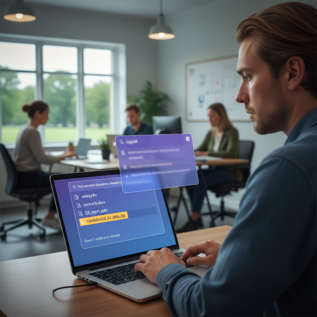 Illustration af Copilot-søgning, der finder følsomme dokumenter hurtigt i Microsoft 365