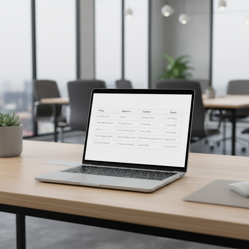 Tabel med Conditional Access-politikker for SMB: blok legacy auth, kræv MFA og compliant device