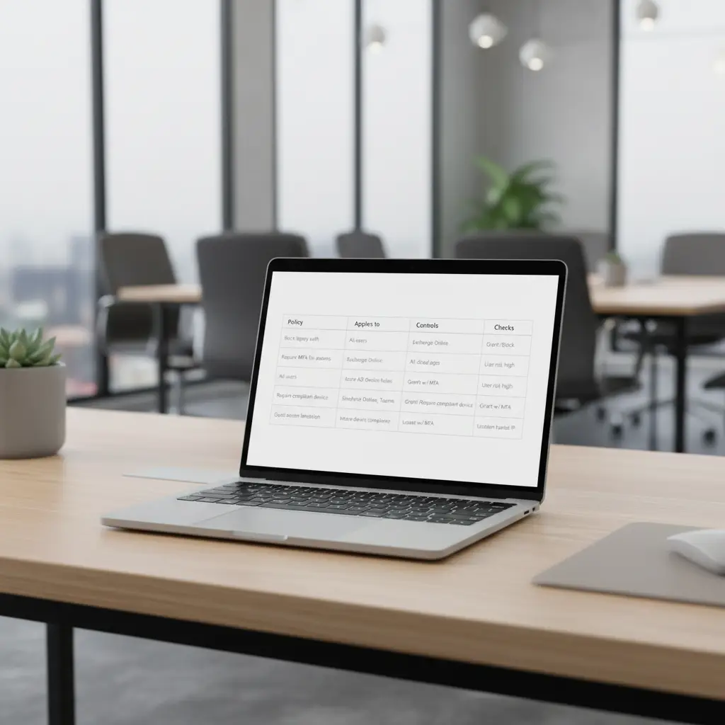 Tabel med Conditional Access-politikker for SMB: blok legacy auth, kræv MFA og compliant device