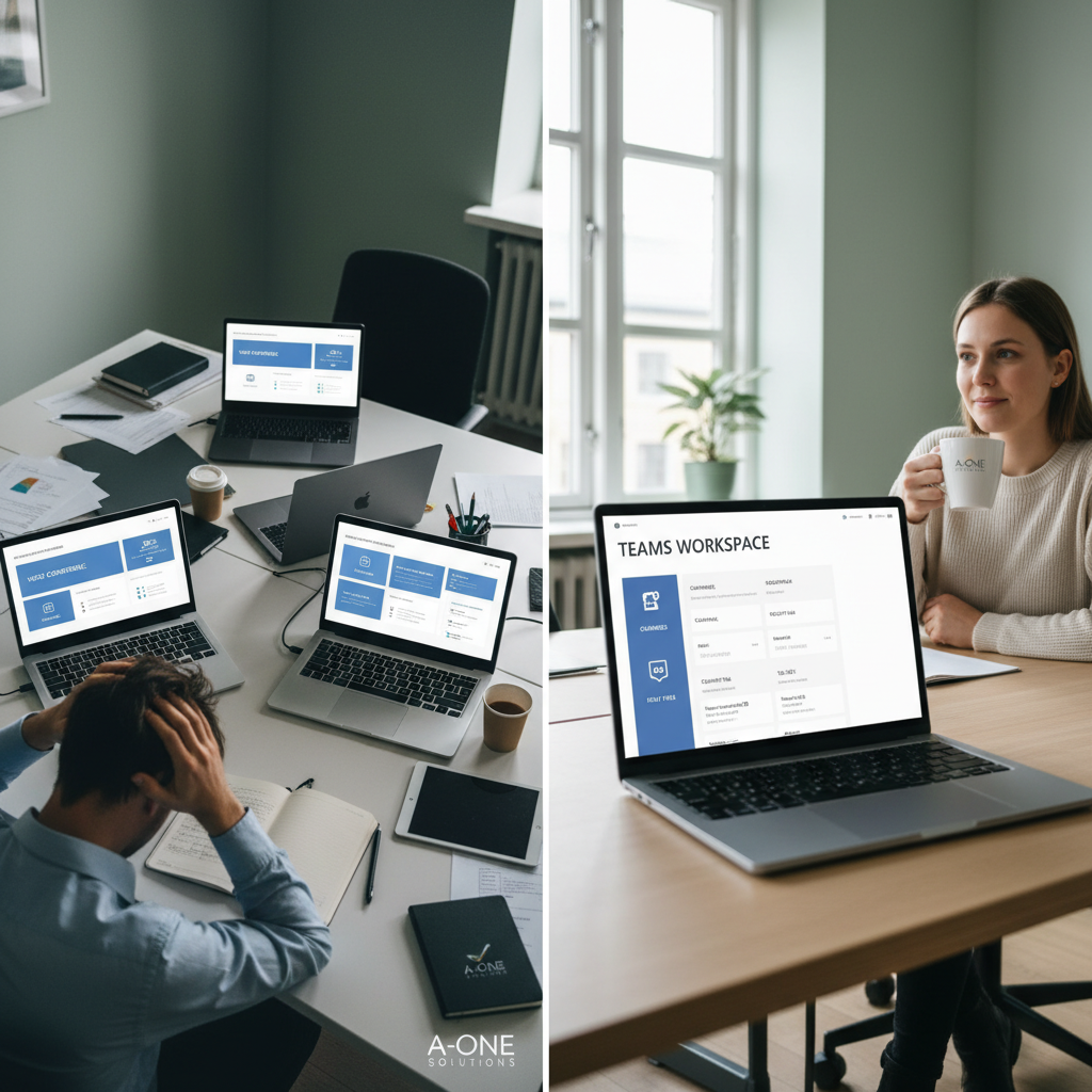 Illustration af app-switching mellem chat, video, filer og opgaver versus samlet arbejdsflade i Teams