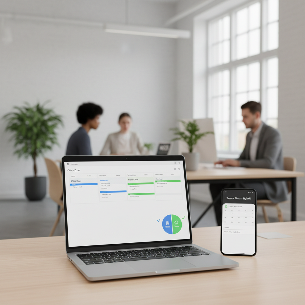Hybridarbejde: kalender med kontordage og Teams-status på skærm