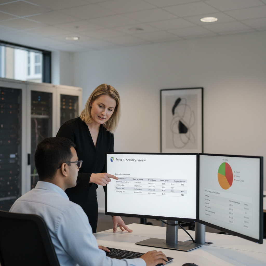 Administrator der gennemgår servicekonti og app-registreringer i Entra ID