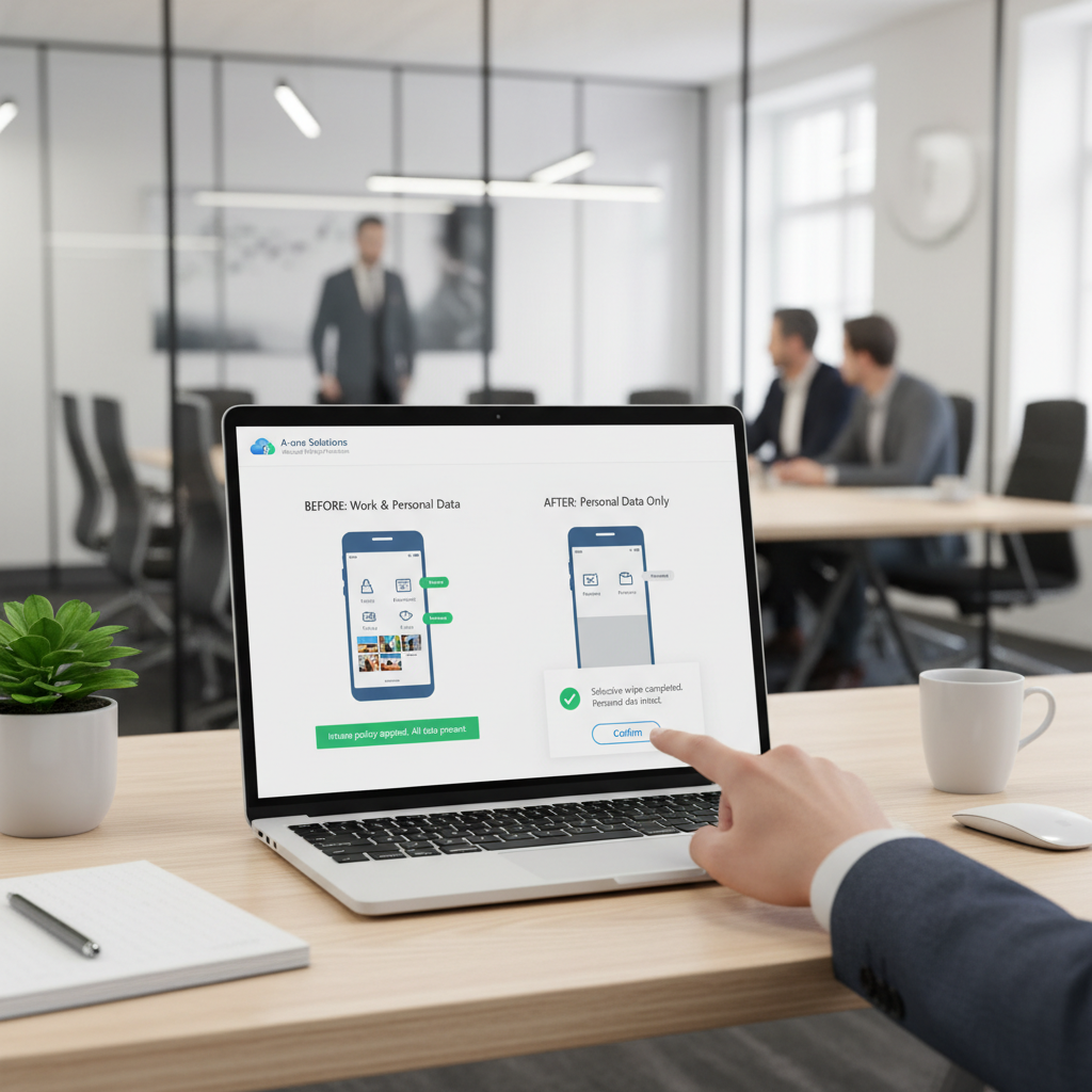 Skærmbillede-lignende illustration af selective wipe, hvor kun firmadata fjernes fra Outlook og Teams