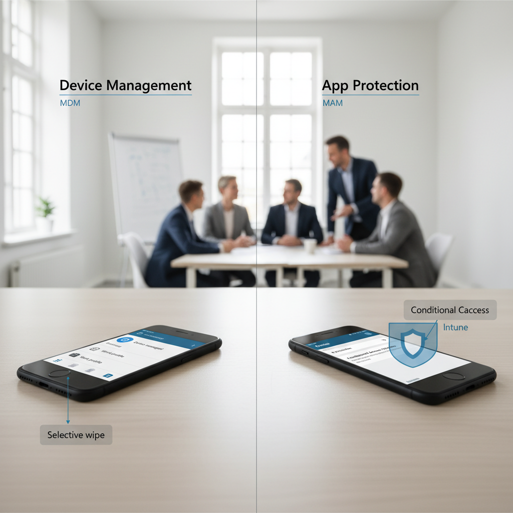 Illustration af forskellen på MDM (styring af enhed) og MAM (styring af firmadata i apps)