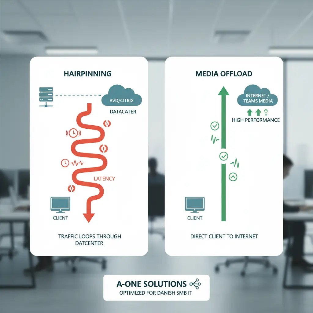 Illustration af VDI hairpinning versus media offloading til lokal klient