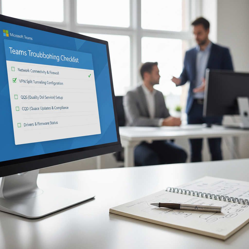 Tjekliste på skærm med netværk, VPN, QoS og CQD for Teams