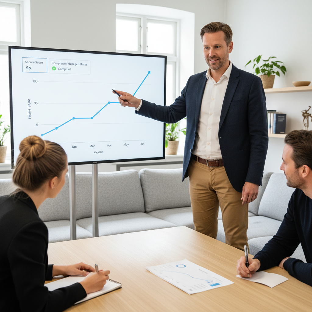 Graf der viser forbedring i Secure Score over tid som dokumentation til kunder