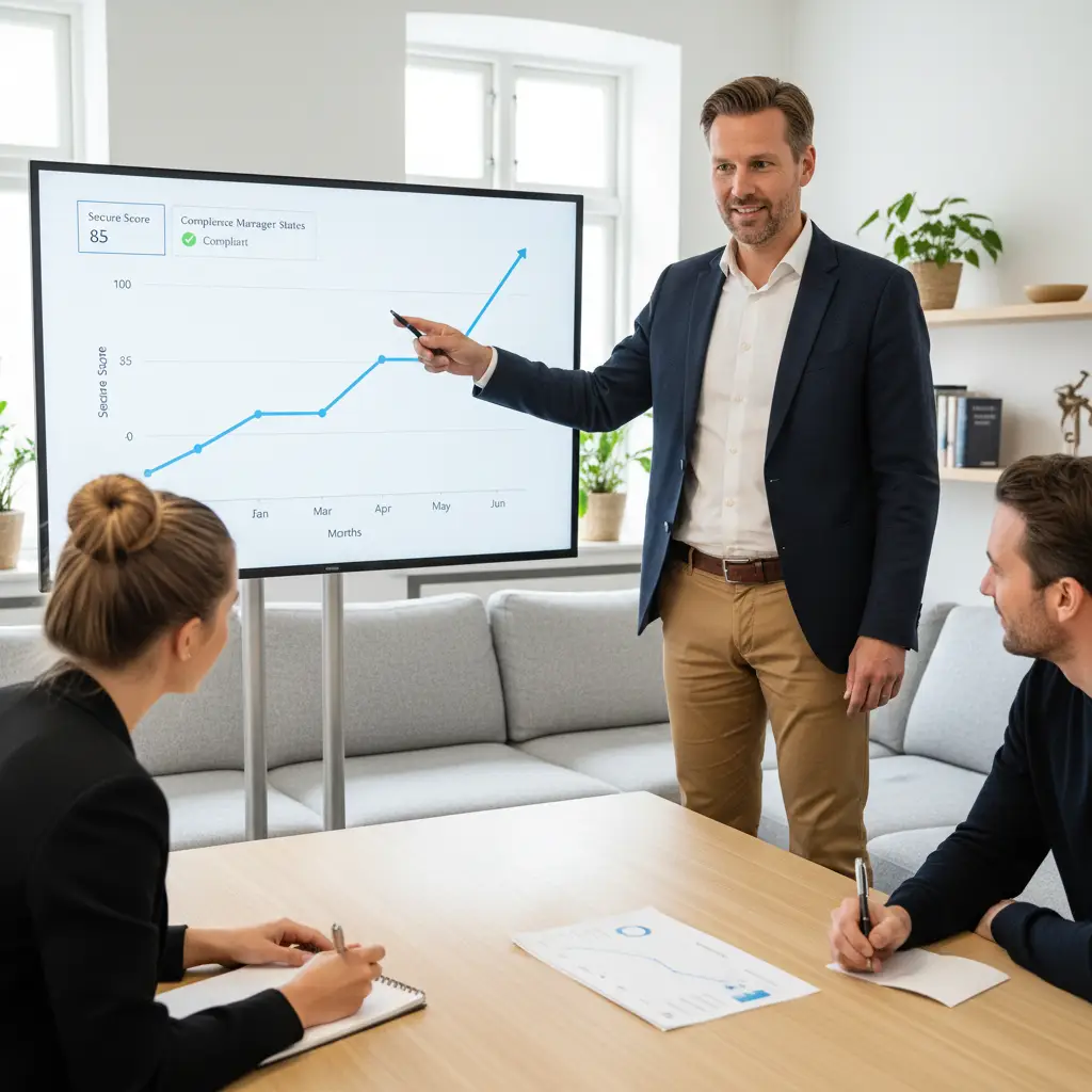 Graf der viser forbedring i Secure Score over tid som dokumentation til kunder