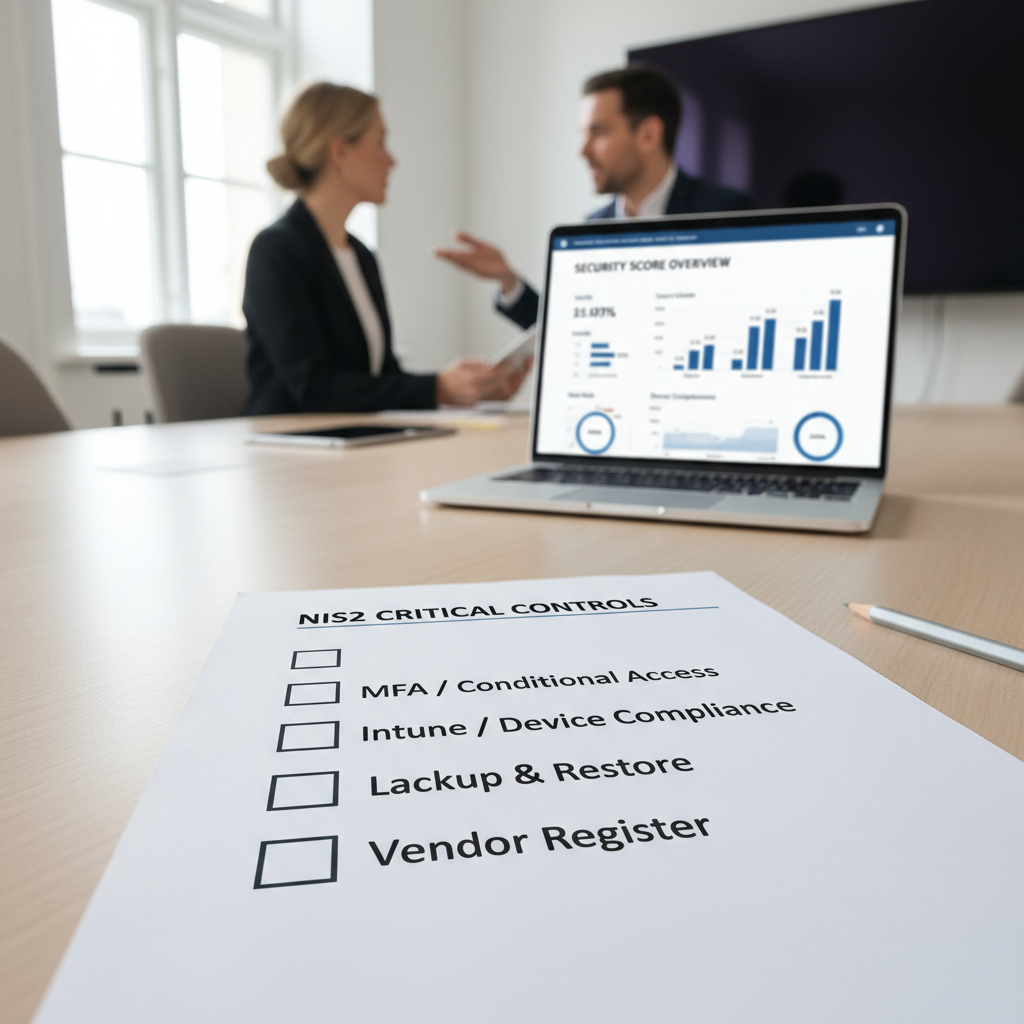 Tjekliste over NIS2-kontroller med evidens, fx MFA, Intune, backup og logning