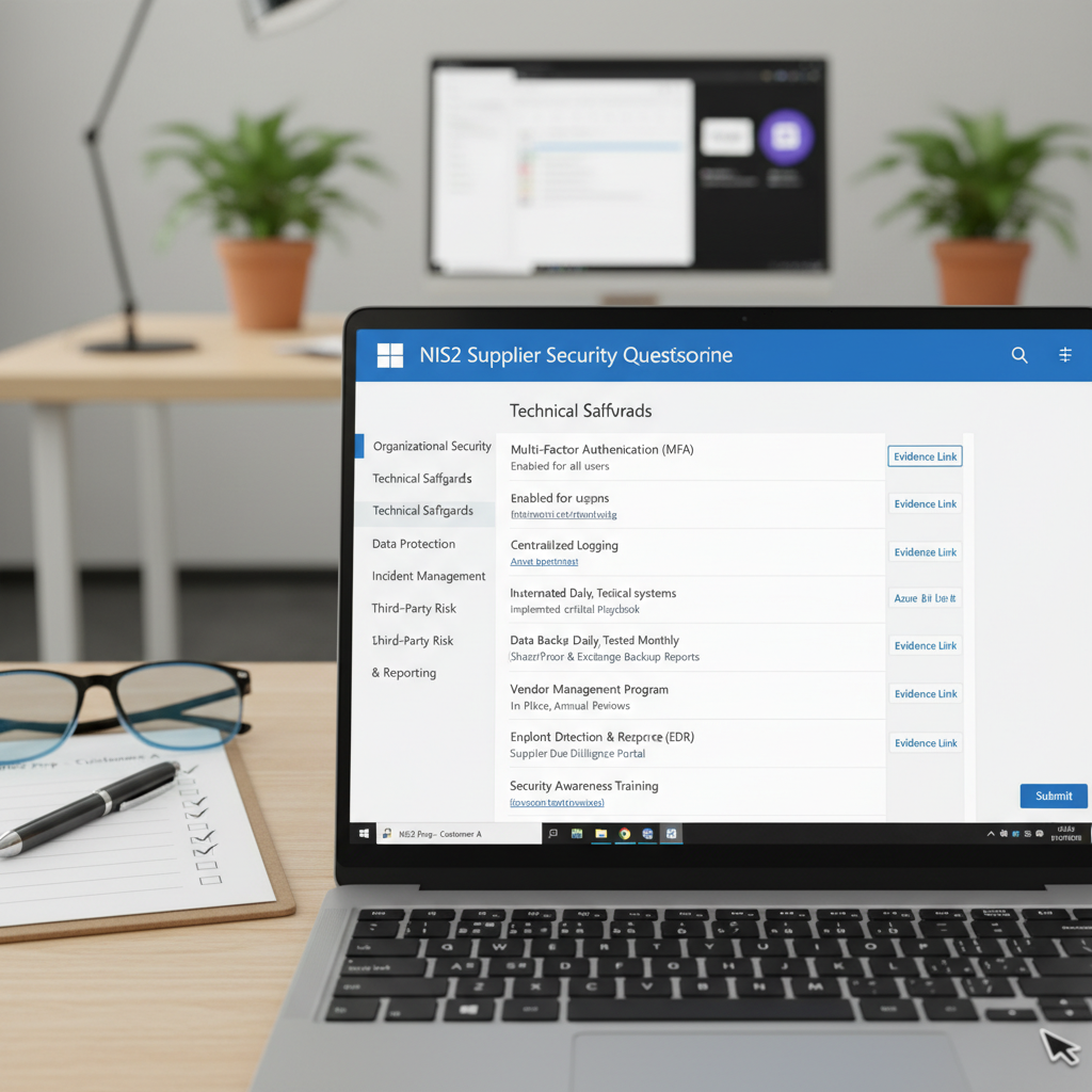 Eksempel på NIS2-spørgeskema fra kunde med felter for MFA, logning, backup og leverandørstyring