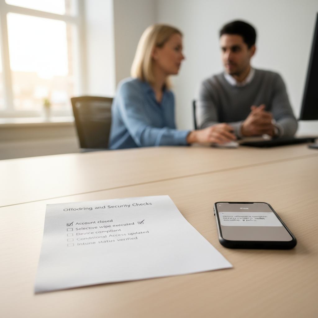 Tjekliste på papir ved siden af firmatelefon, der viser offboarding og sikkerhedschecks
