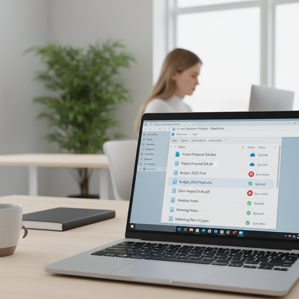 Windows 11 Stifinder med OneDrive statusikoner og røde krydser på synkroniseringsfejl