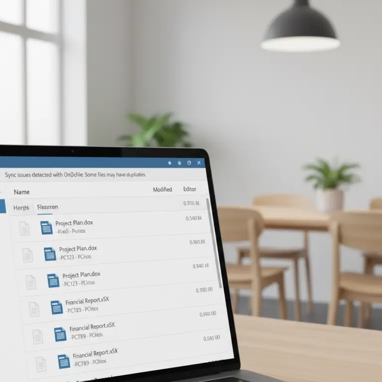 OneDrive konfliktkopi og SharePoint dubletter vist i filliste med computernavn