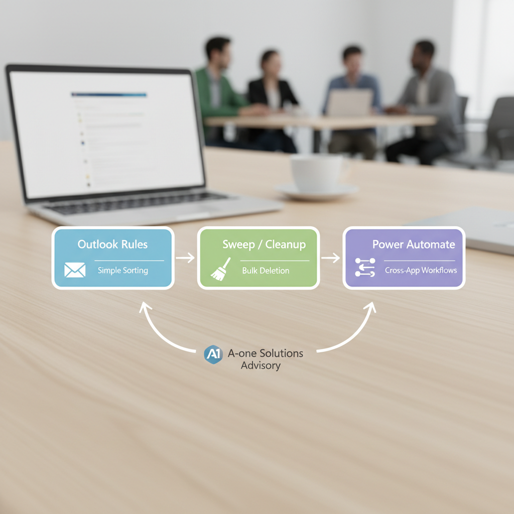 Illustration af beslutning mellem Outlook regler, Sweep og Power Automate