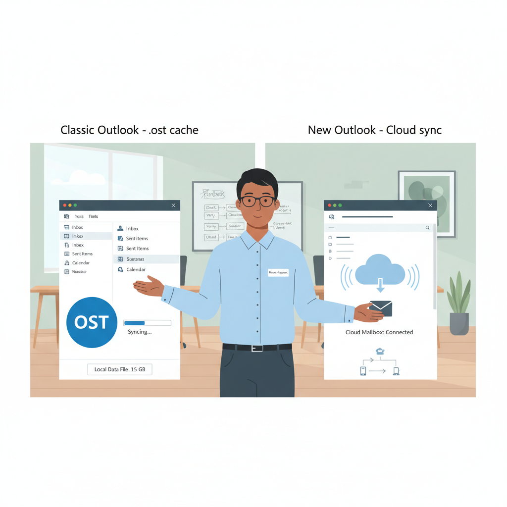Illustration af Outlook Classic med lokal OST-cache og New Outlook der synkroniserer mod skyen