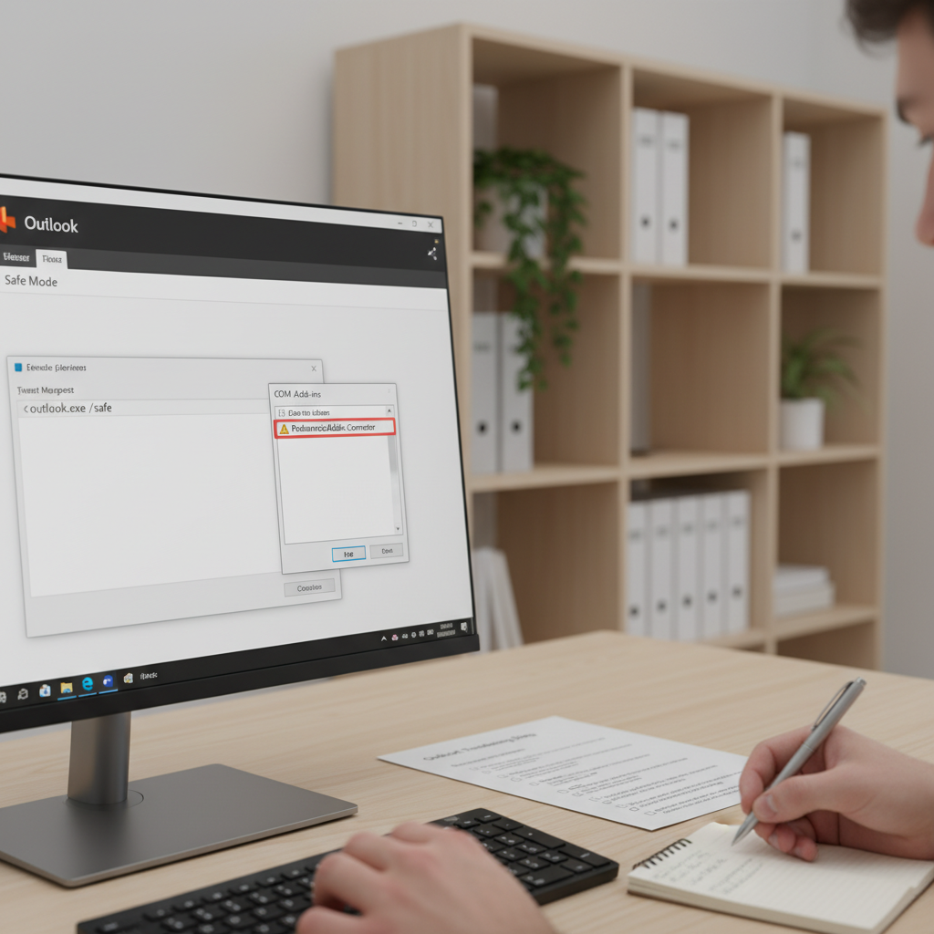 Skærmbillede af Outlook Safe Mode test for at isolere add-ins ved synkroniseringsfejl