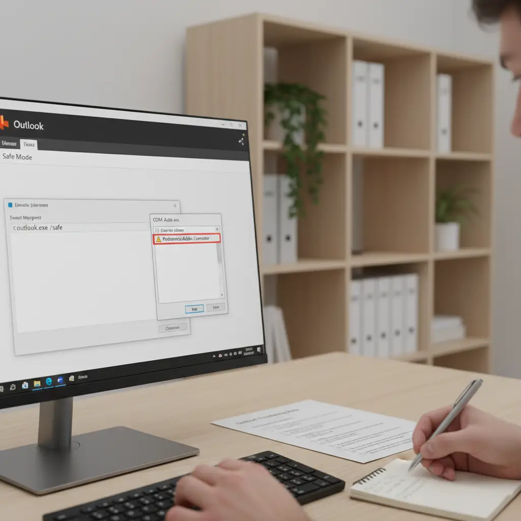 Skærmbillede af Outlook Safe Mode test for at isolere add-ins ved synkroniseringsfejl
