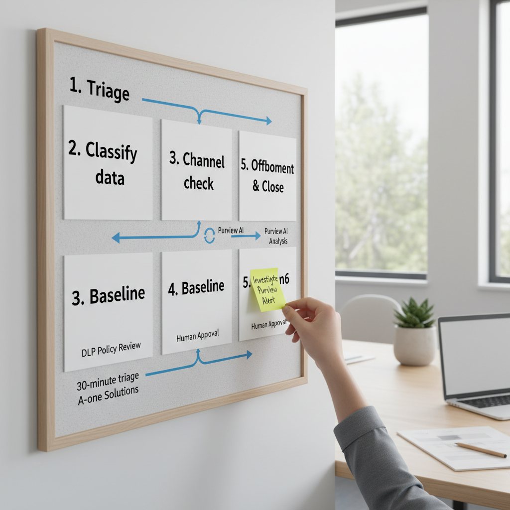 Procesdiagram for triage: alarm til beslutning med Purview AI analysis og menneskelig godkendelse