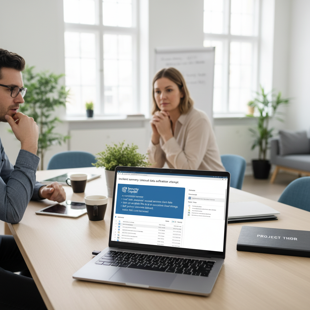 Eksempel på Purview-sag med AI-resumé og tydelige næste skridt til investigation
