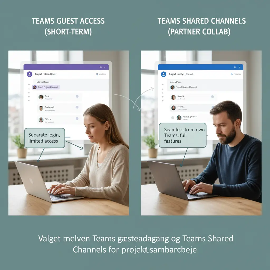 Illustration af valg mellem Teams gæsteadgang og Teams Shared Channels