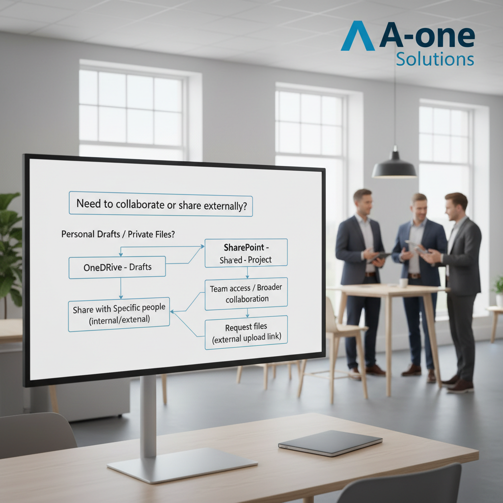 Beslutningsdiagram for OneDrive vs SharePoint til projektfiler og ekstern deling