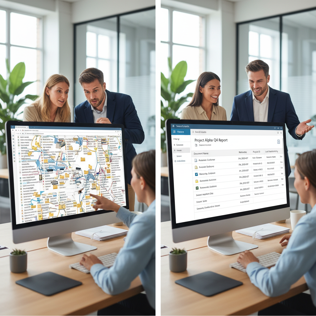 Skitse af forskellen mellem filservermapper og SharePoint-søgning med metadata