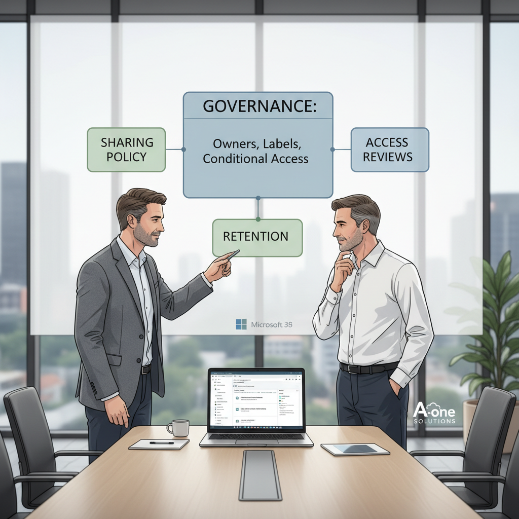 Oversigt over governance-regler for SharePoint: ejerskab, deling, labels og adgangskontrol