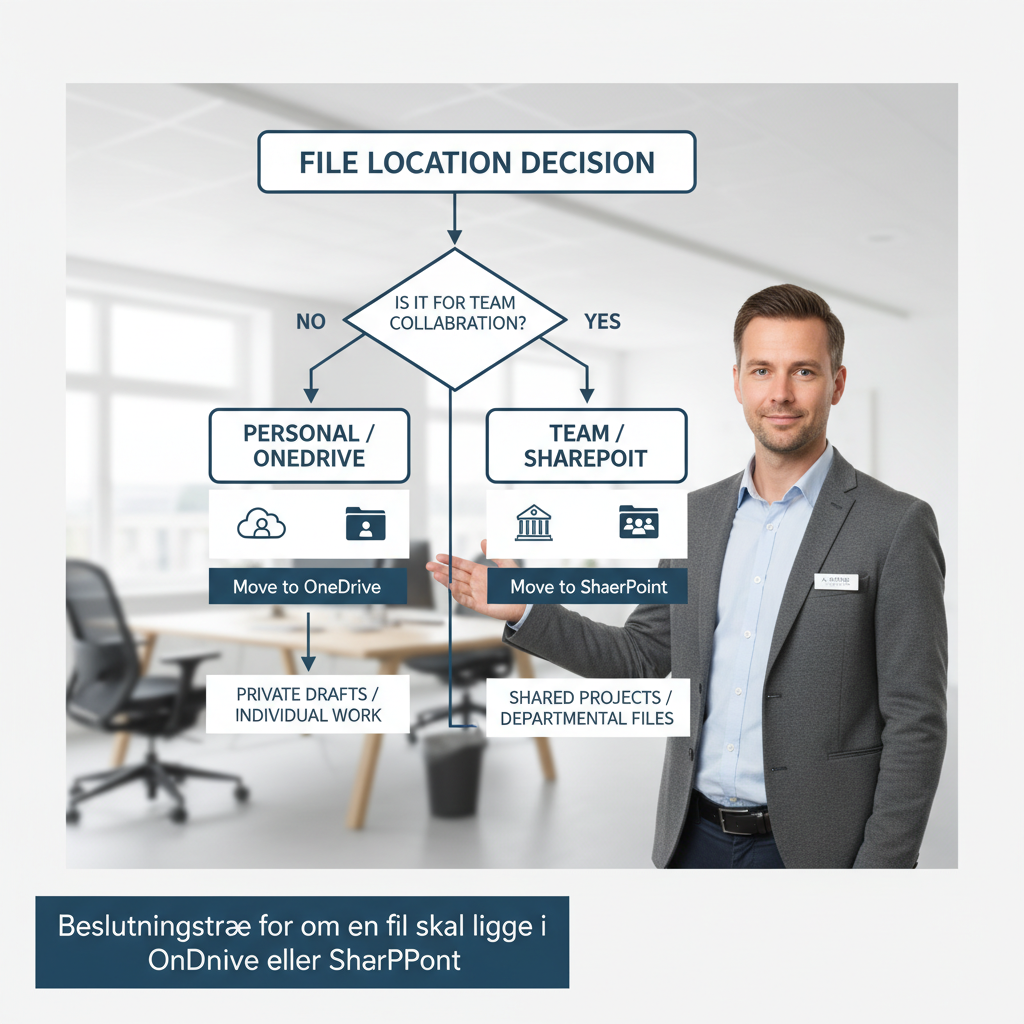 Beslutningstræ der viser om en fil skal ligge i OneDrive eller SharePoint