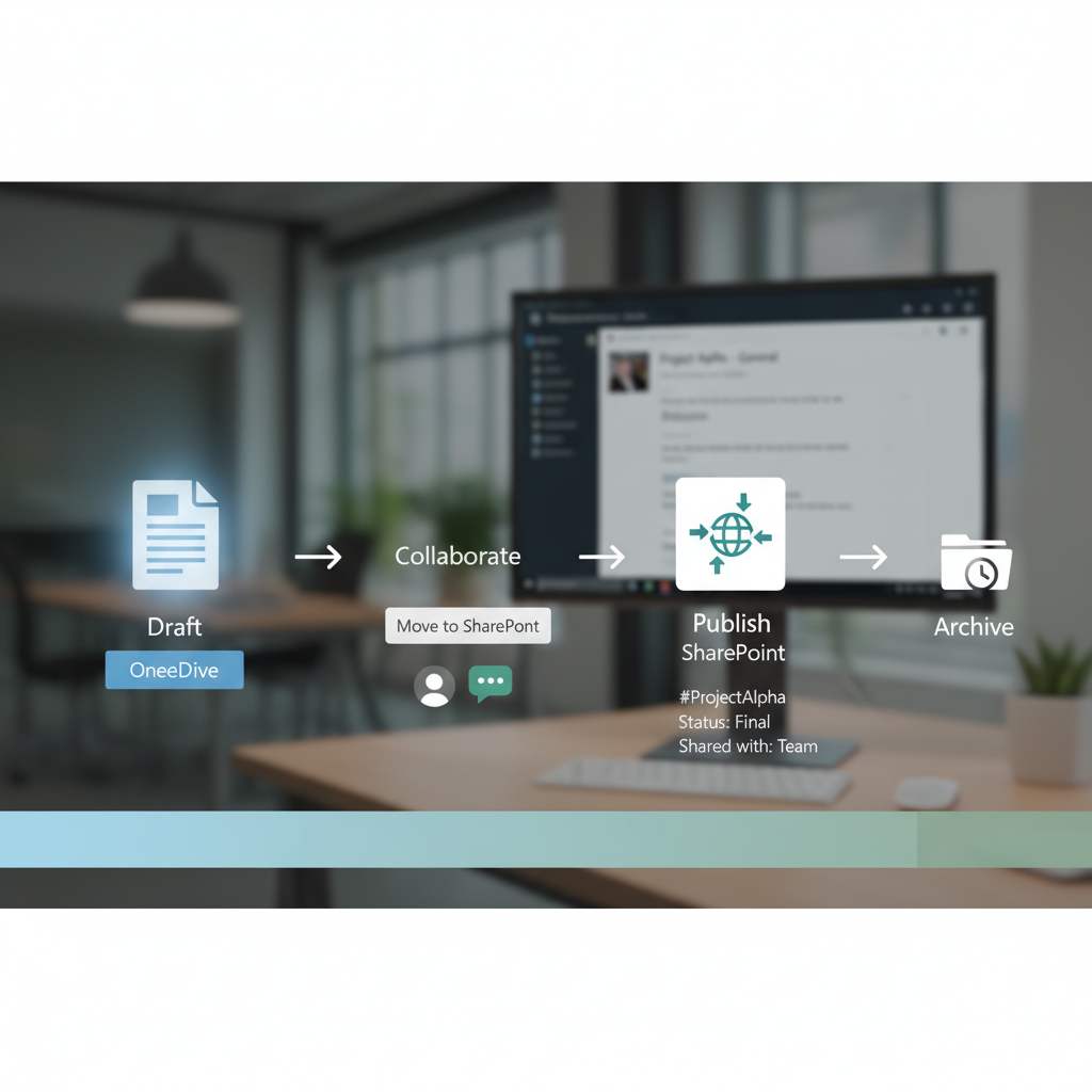 Illustration af fil-livscyklus fra kladde i OneDrive til fælles dokument i SharePoint