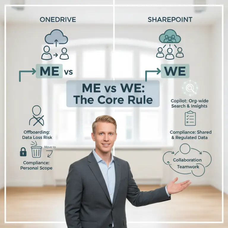 Me vs We-model illustrerer forskellen mellem SharePoint og OneDrive til fildeling