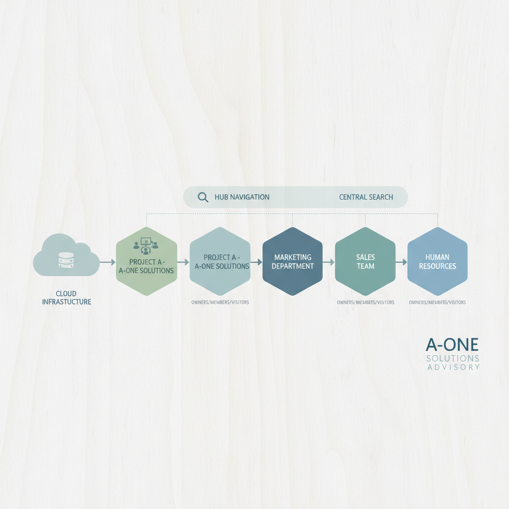 Tegning af flad SharePoint-arkitektur med flere sites for projekter og afdelinger