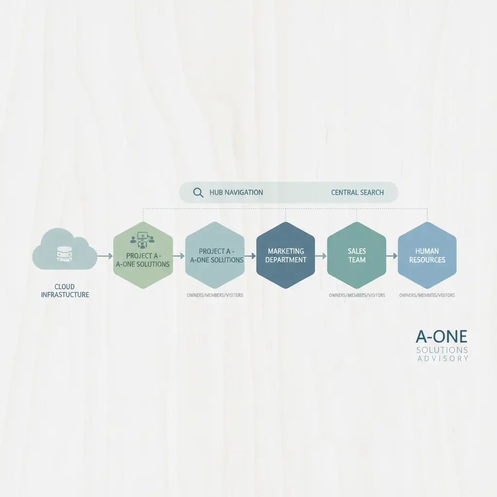 Tegning af flad SharePoint-arkitektur med flere sites for projekter og afdelinger