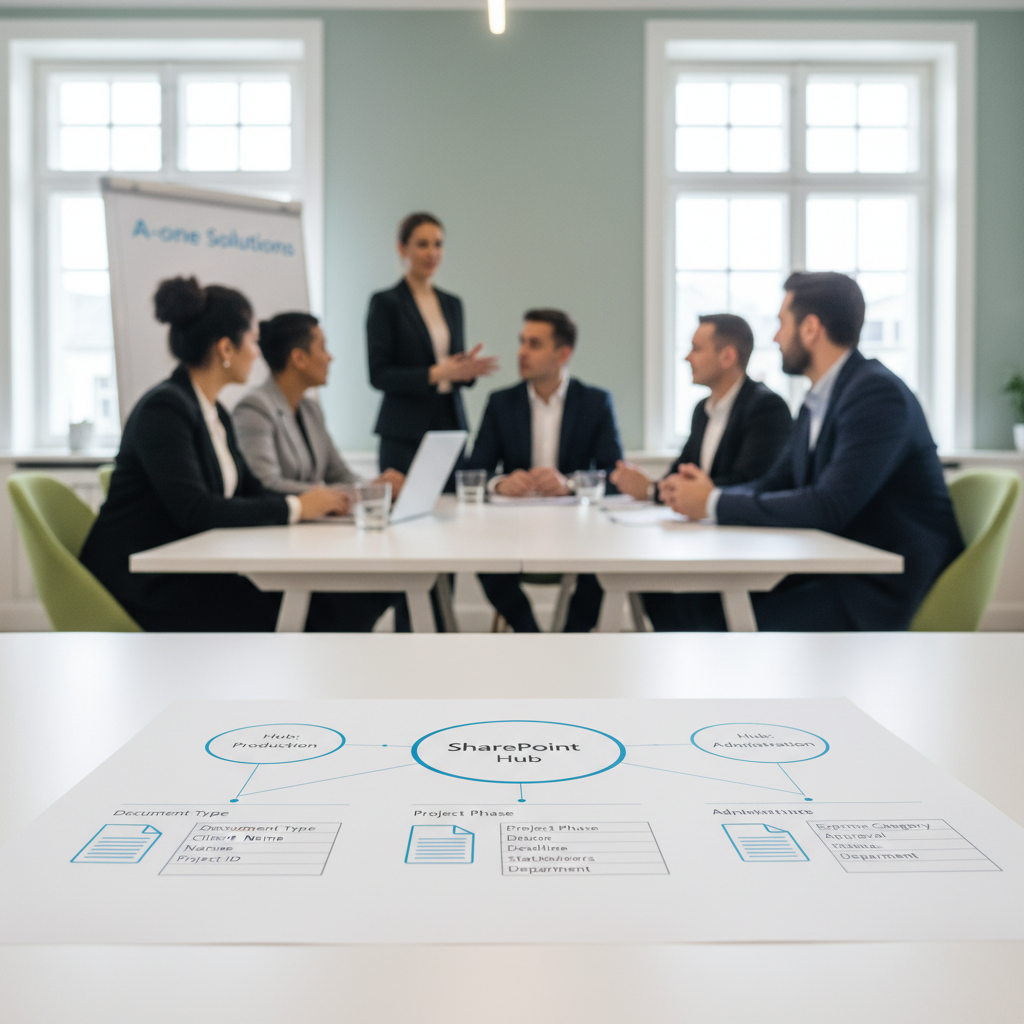 Eksempel på flad SharePoint-arkitektur med hub sites for Produktion, Projekter og Administration