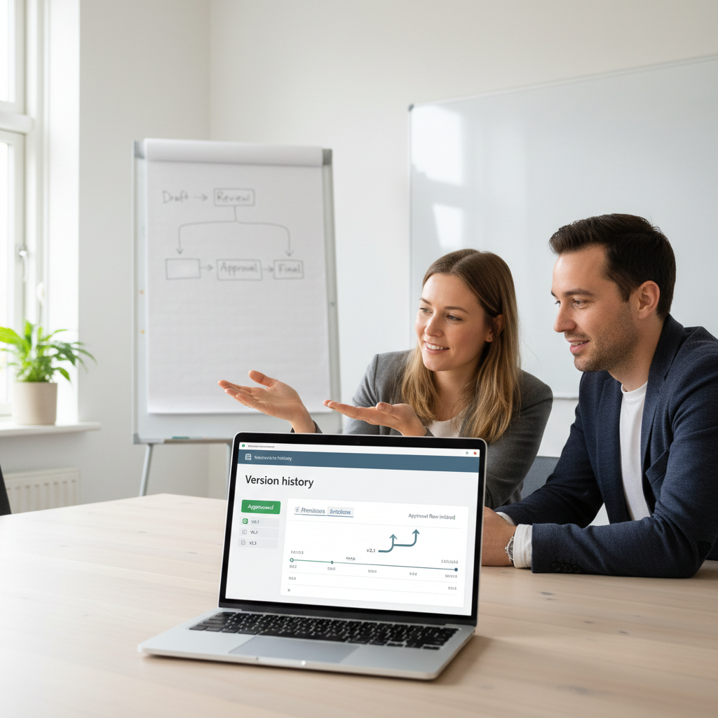 Illustration af versionshistorik og godkendelse i et SharePoint-dokumentbibliotek