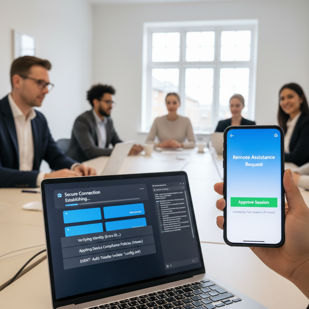 Diagram over sikker fjernsupport med MFA, JIT-adgang og logning