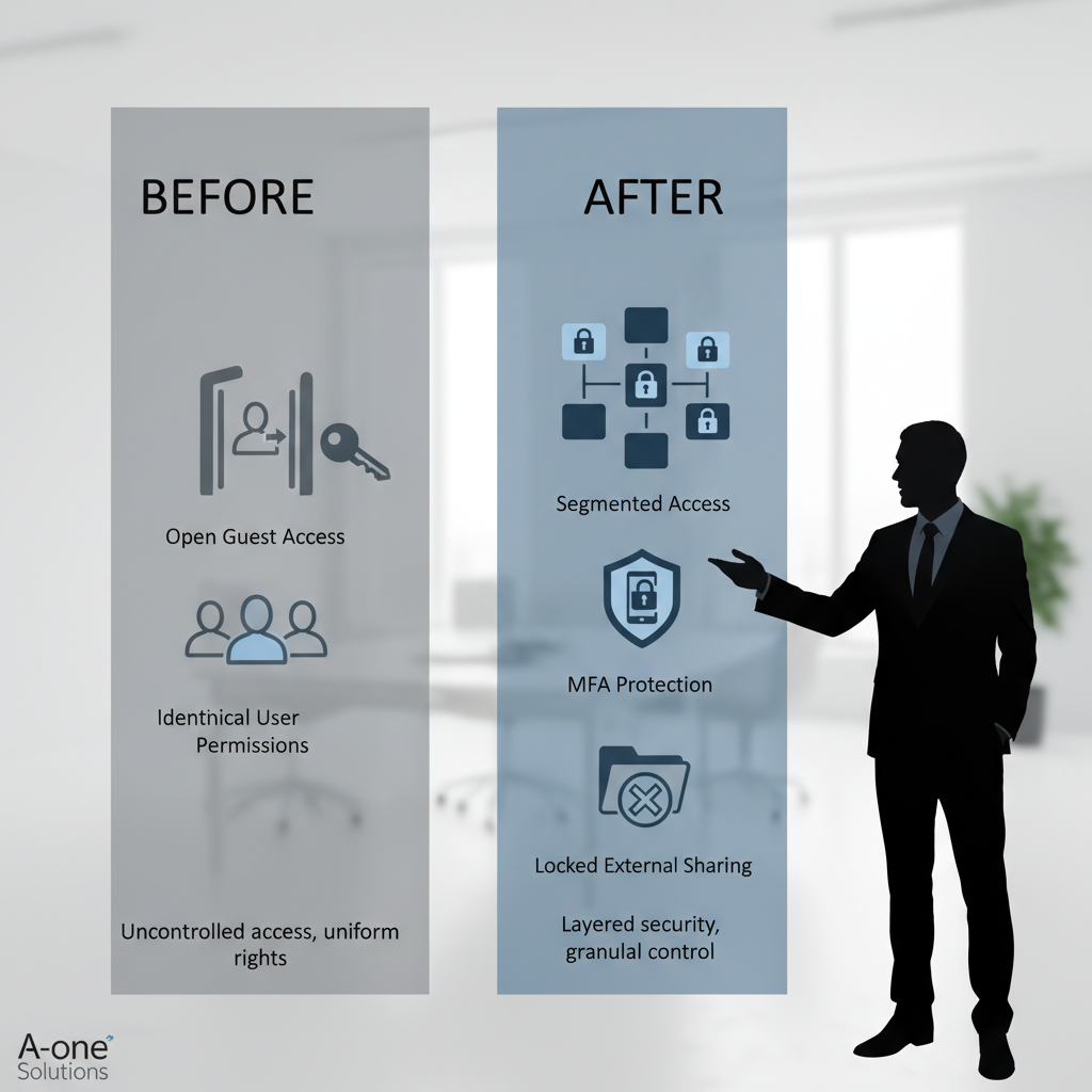 Diagram over før og efter sikkerhedstiltag: MFA, enhedsstyring og dokumentation