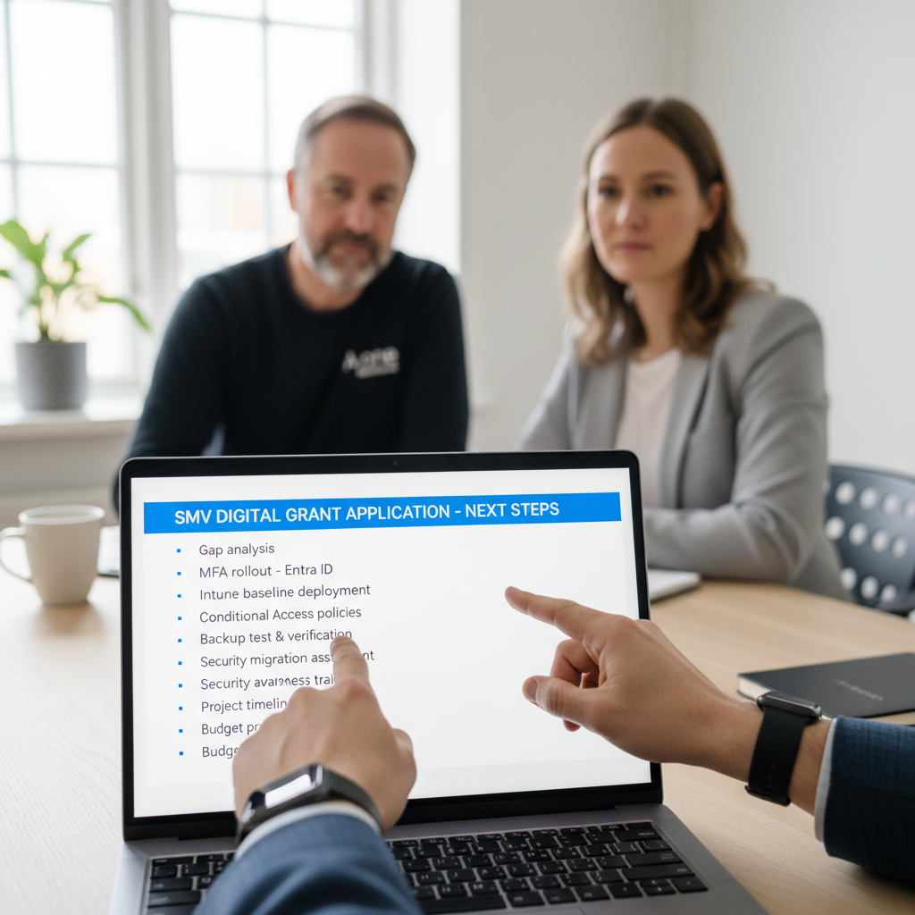 Tjekliste på skærm med punkter til SMV Digital ansøgning og IT-sikkerhedsopgaver