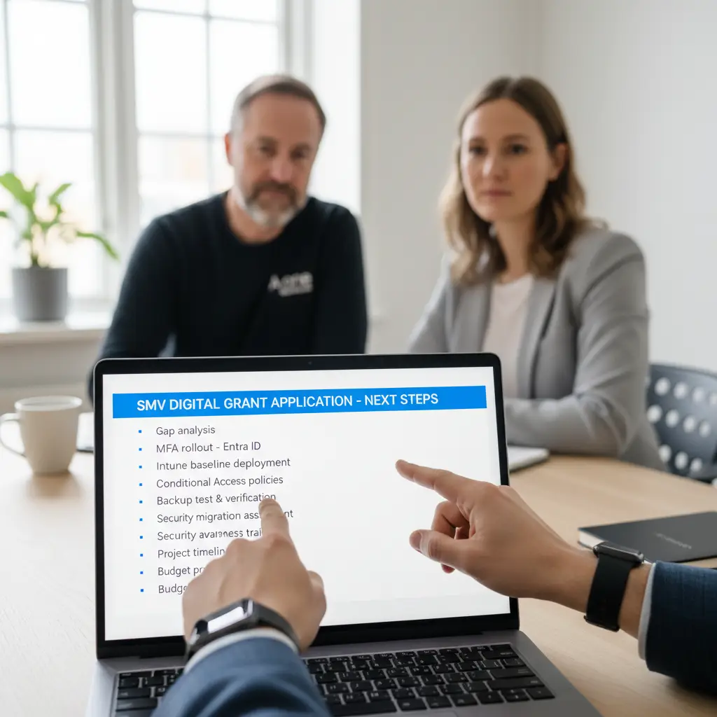 Tjekliste på skærm med punkter til SMV Digital ansøgning og IT-sikkerhedsopgaver