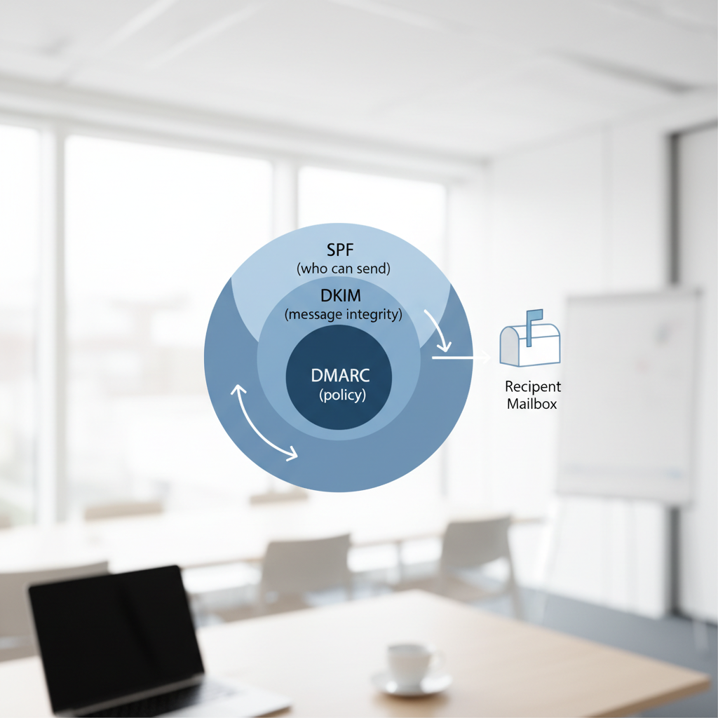 Diagram der viser sammenhængen mellem SPF, DKIM og DMARC for email leveringsevne