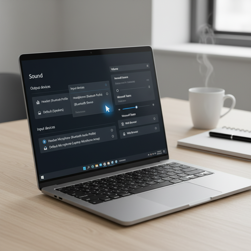Windows 11 lydindstillinger der viser valg mellem headset og hovedtelefoner