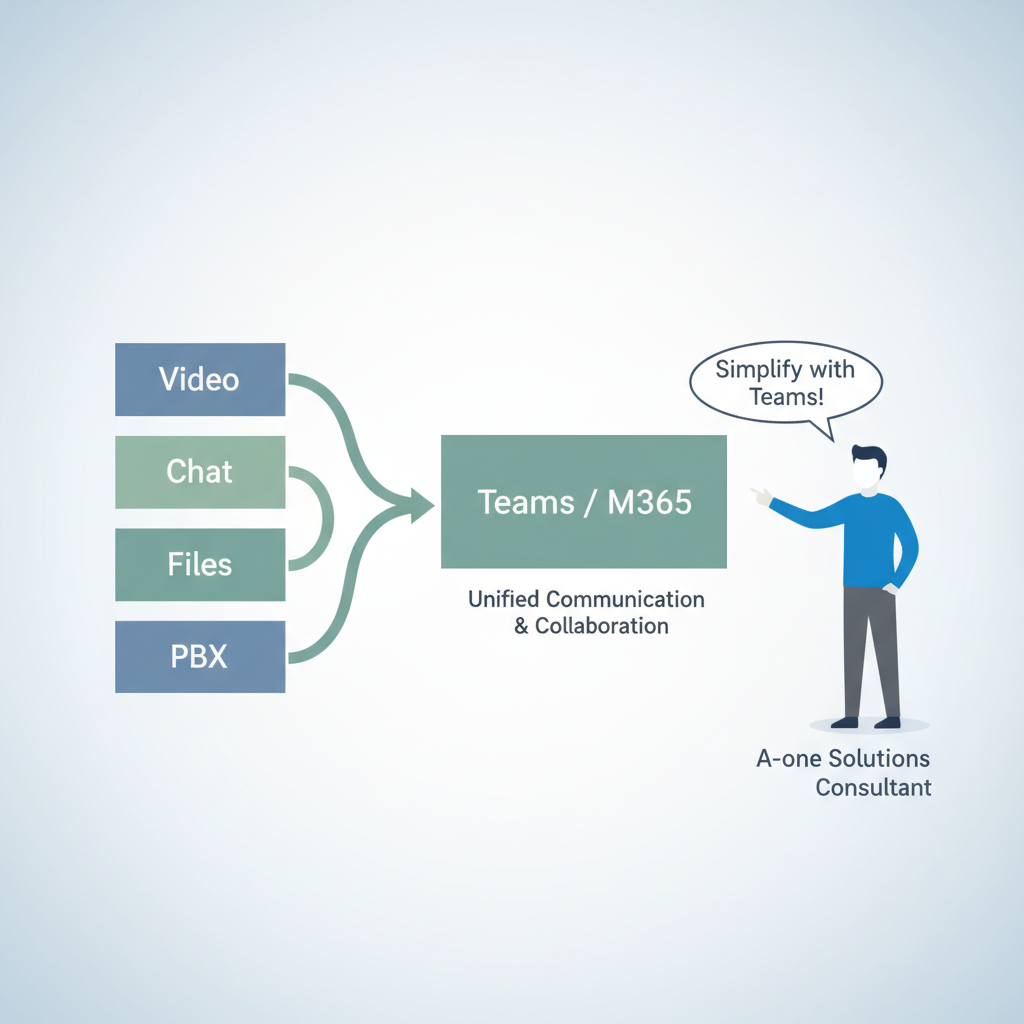 Skematisk oversigt over konsolidering: Zoom, Slack, Dropbox og PBX samlet i Microsoft 365 og Teams