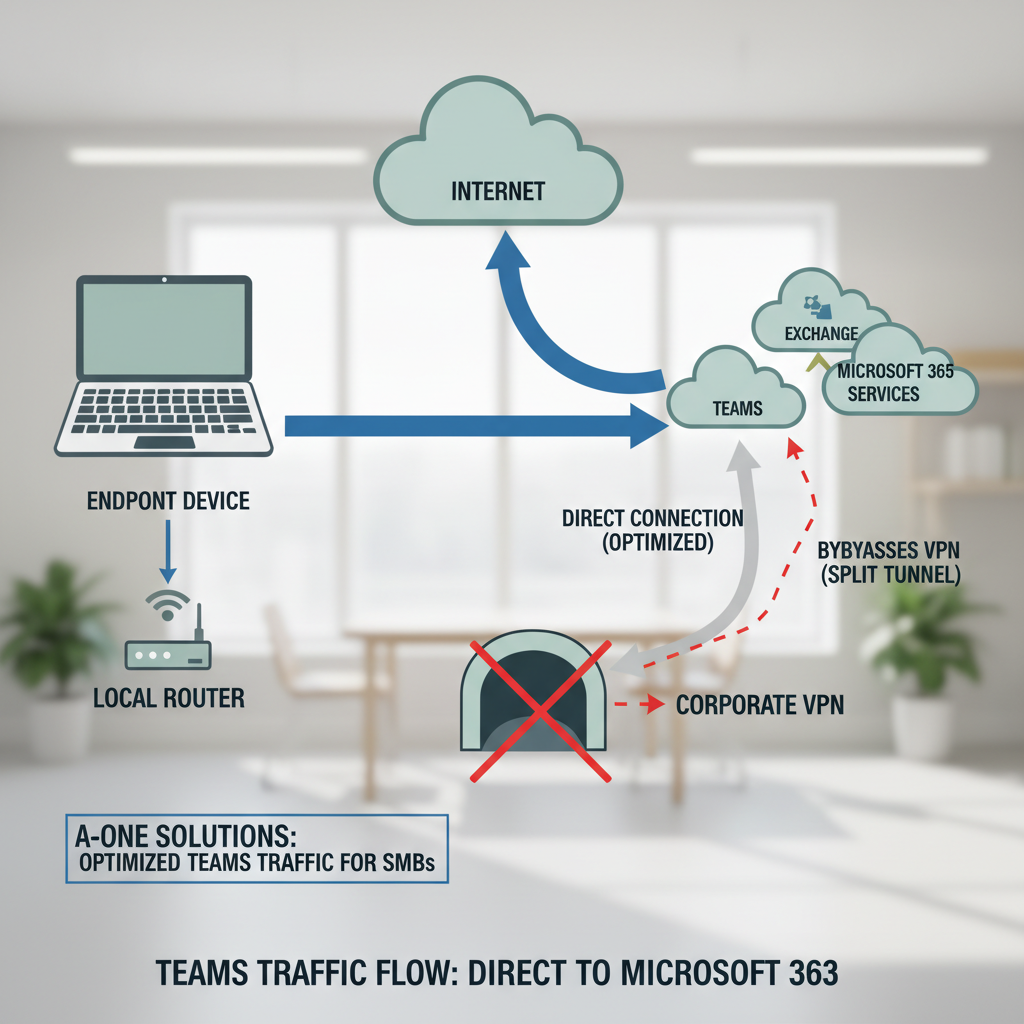 Diagram over Teams-trafik der går direkte til Microsoft 365 uden om VPN