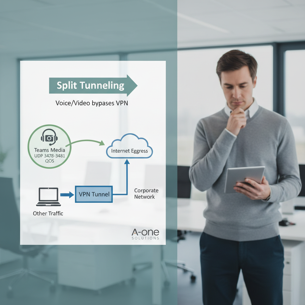 Illustration af Teams-trafik der går uden om VPN via split tunneling