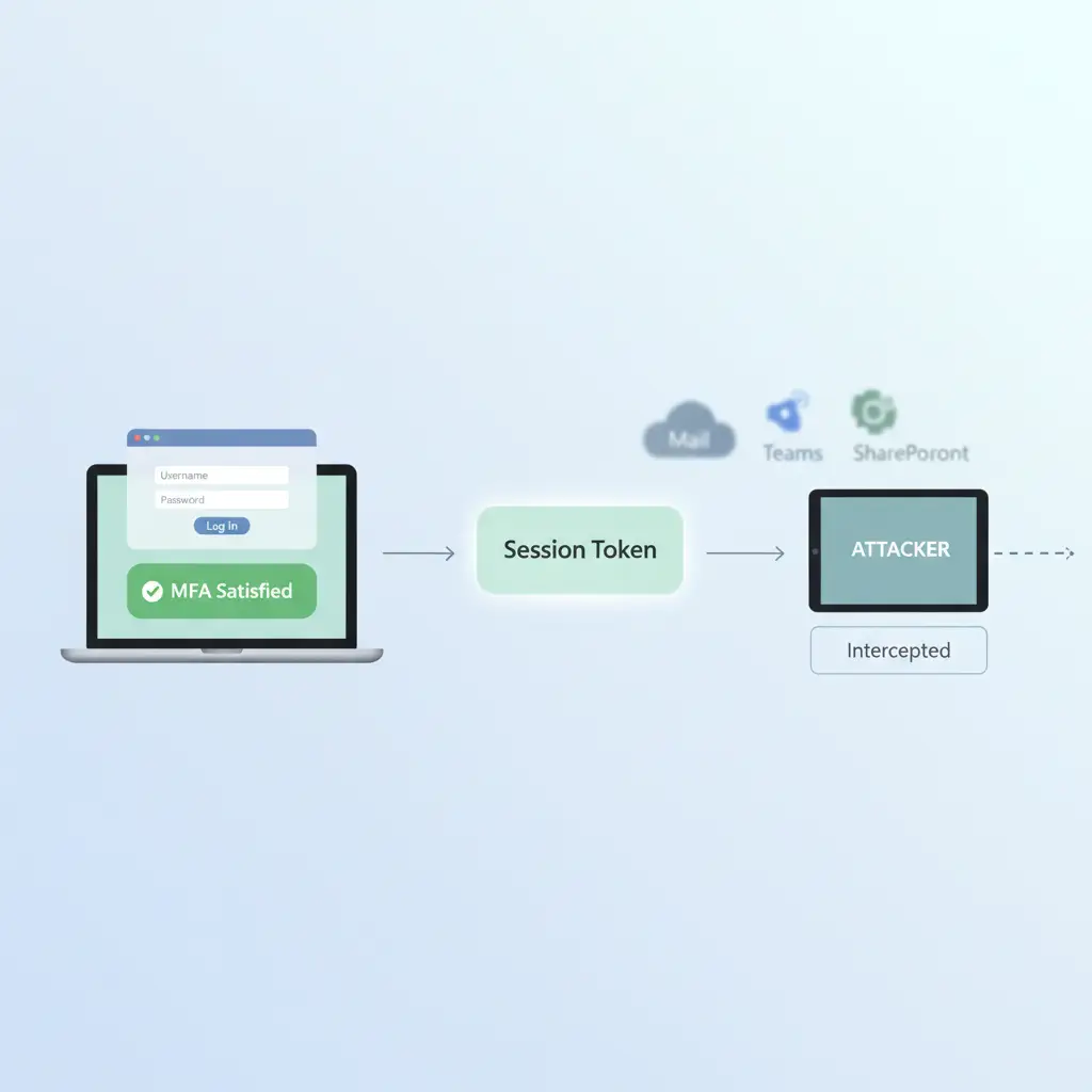 Diagram der viser AiTM phishing, hvor angriberen stjæler session-token efter MFA