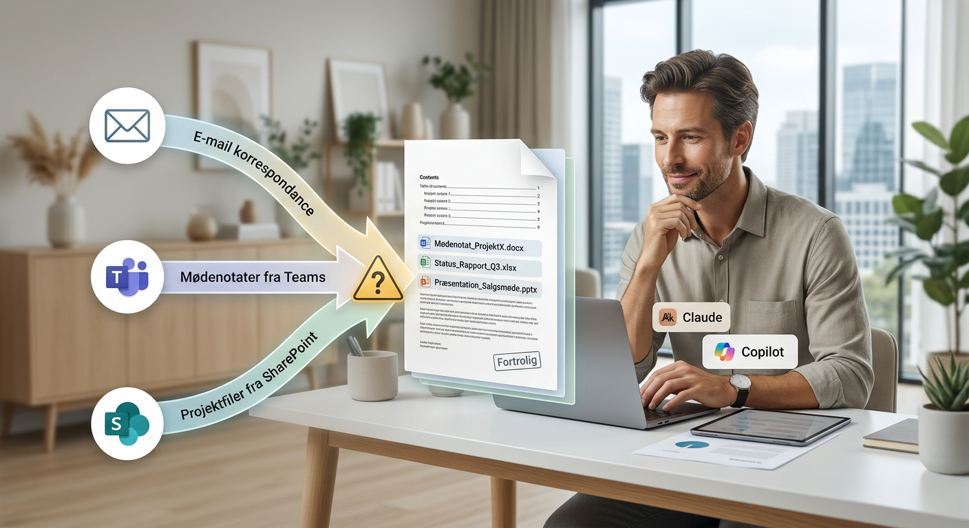 Illustration af Copilot Cowork der samler mails, mødenoter og filer til et dokument