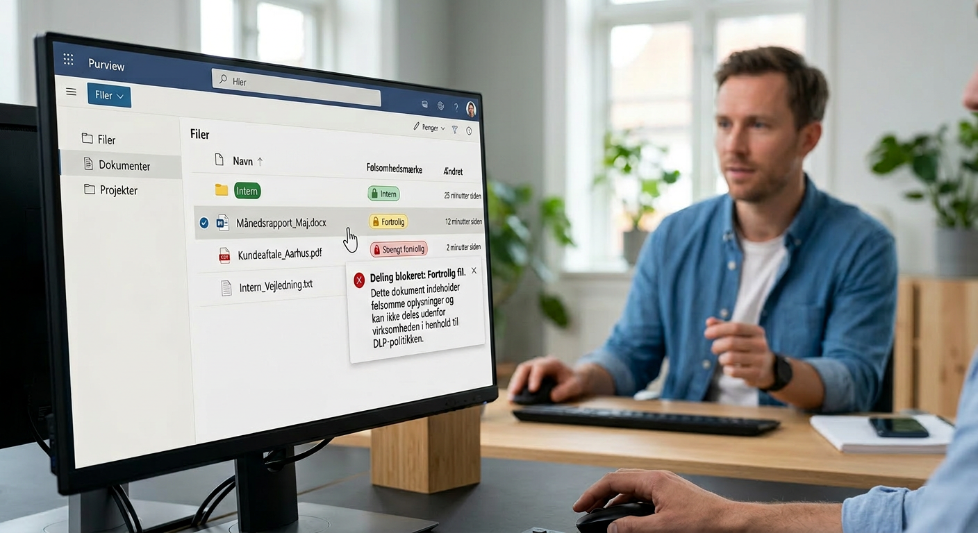 Purview labels og DLP-politikker der beskytter HR- og finansdata i Microsoft 365