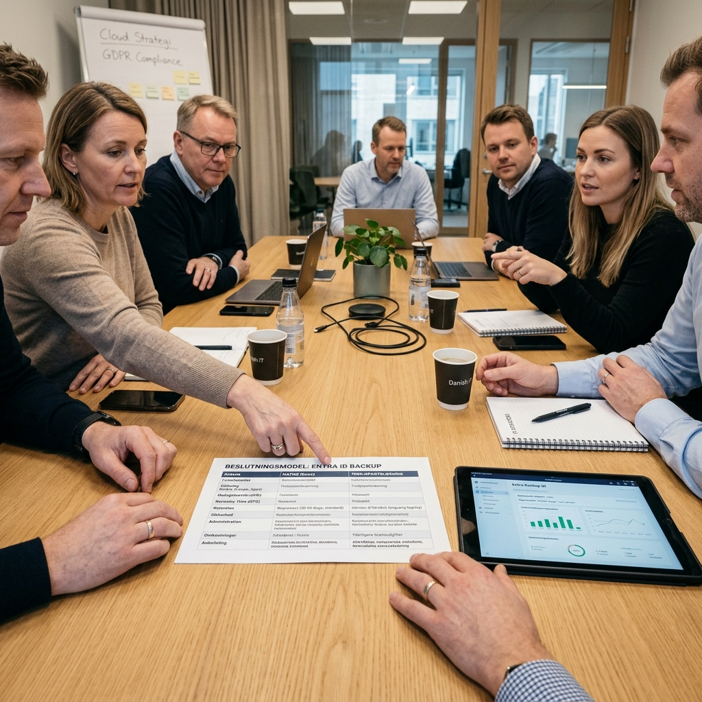 Illustration af beslutningsmodel: native Entra Backup alene eller suppleret med overvågning og længere retention