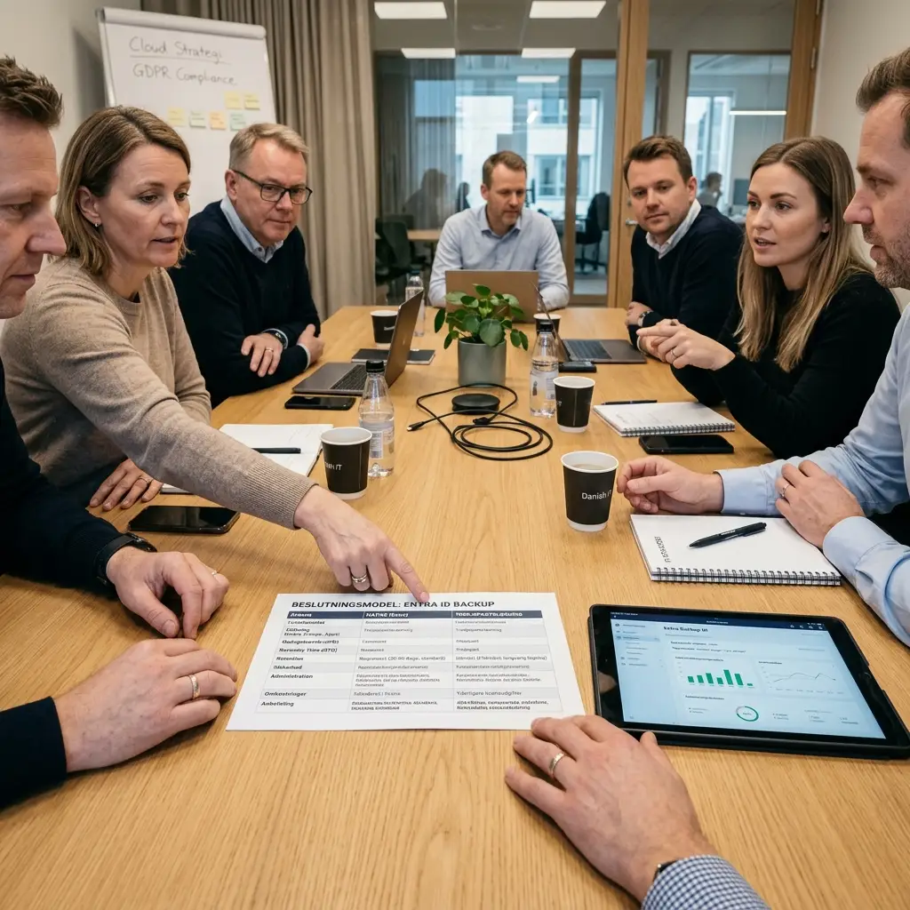 Illustration af beslutningsmodel: native Entra Backup alene eller suppleret med overvågning og længere retention
