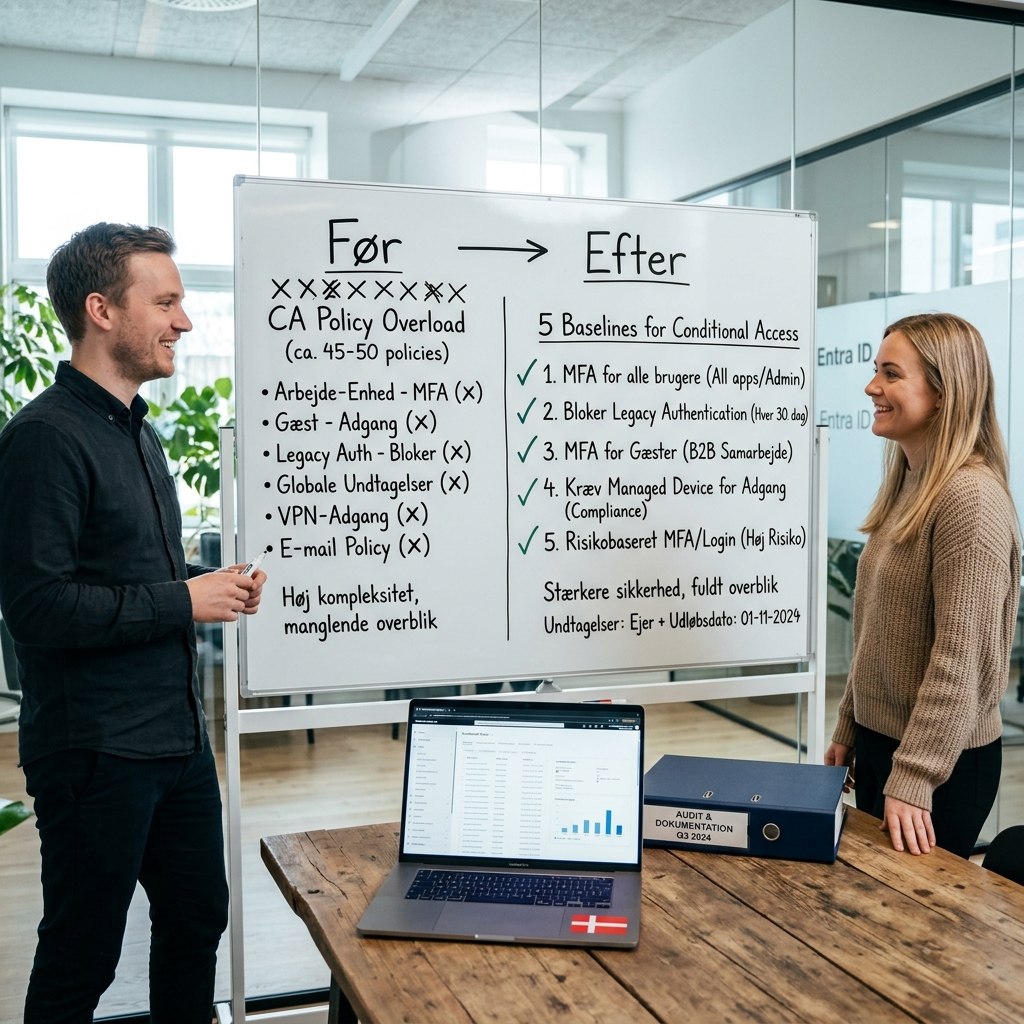 Placeholder af rapport med audit-noter til NIS2: adgangskontrol, MFA, enhedskrav og dokumentation fra sign-in logs